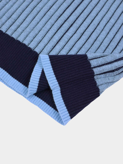 Two Tone Ribbed Polo Sweater-Blue