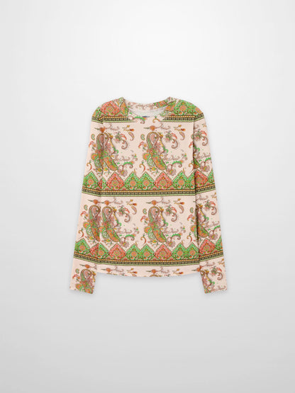 Basic Printed T-shirt-Pink Green Paisley