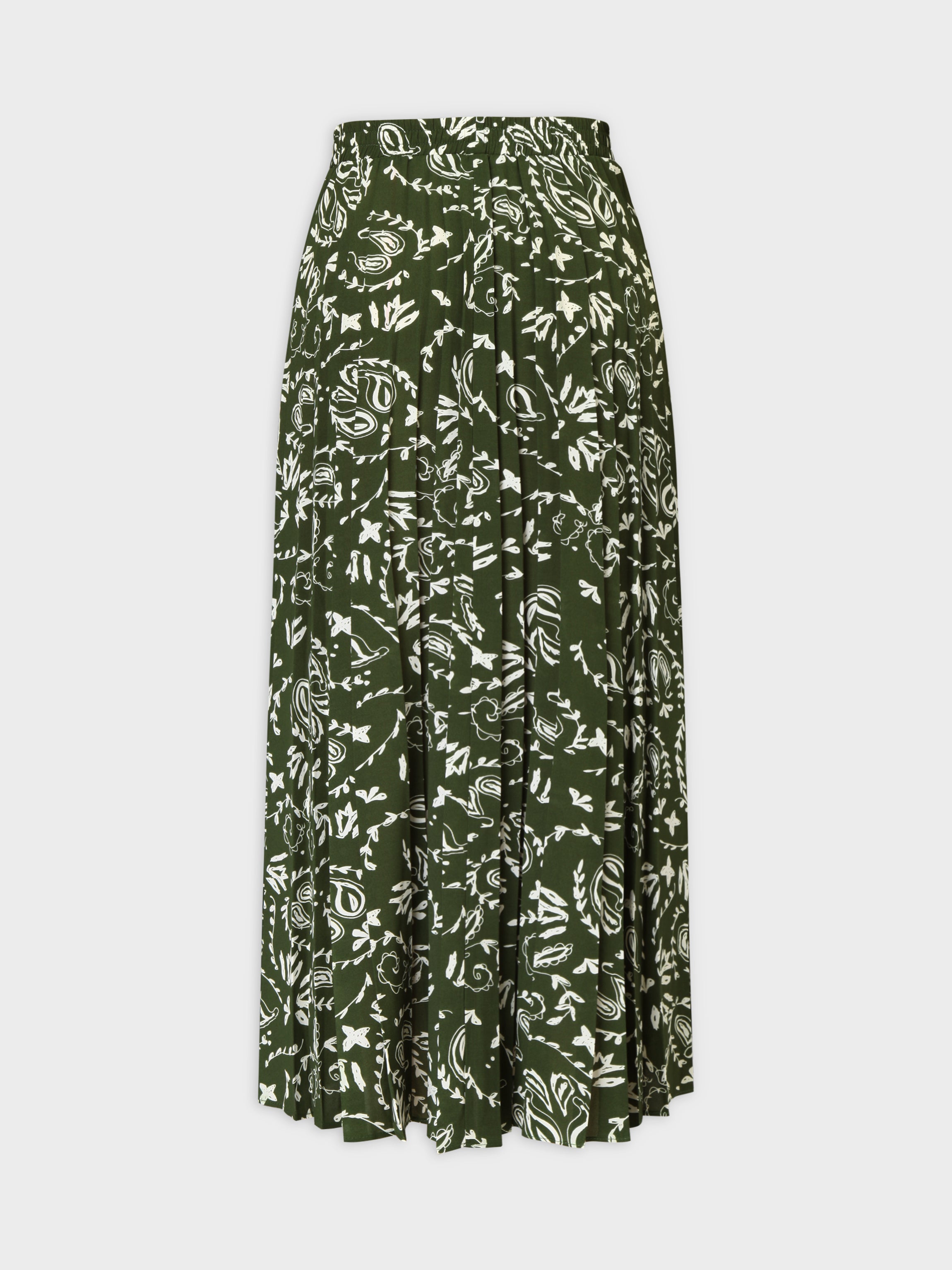 Covered Band Pleated Skirt 37&quot;-Green Paisley