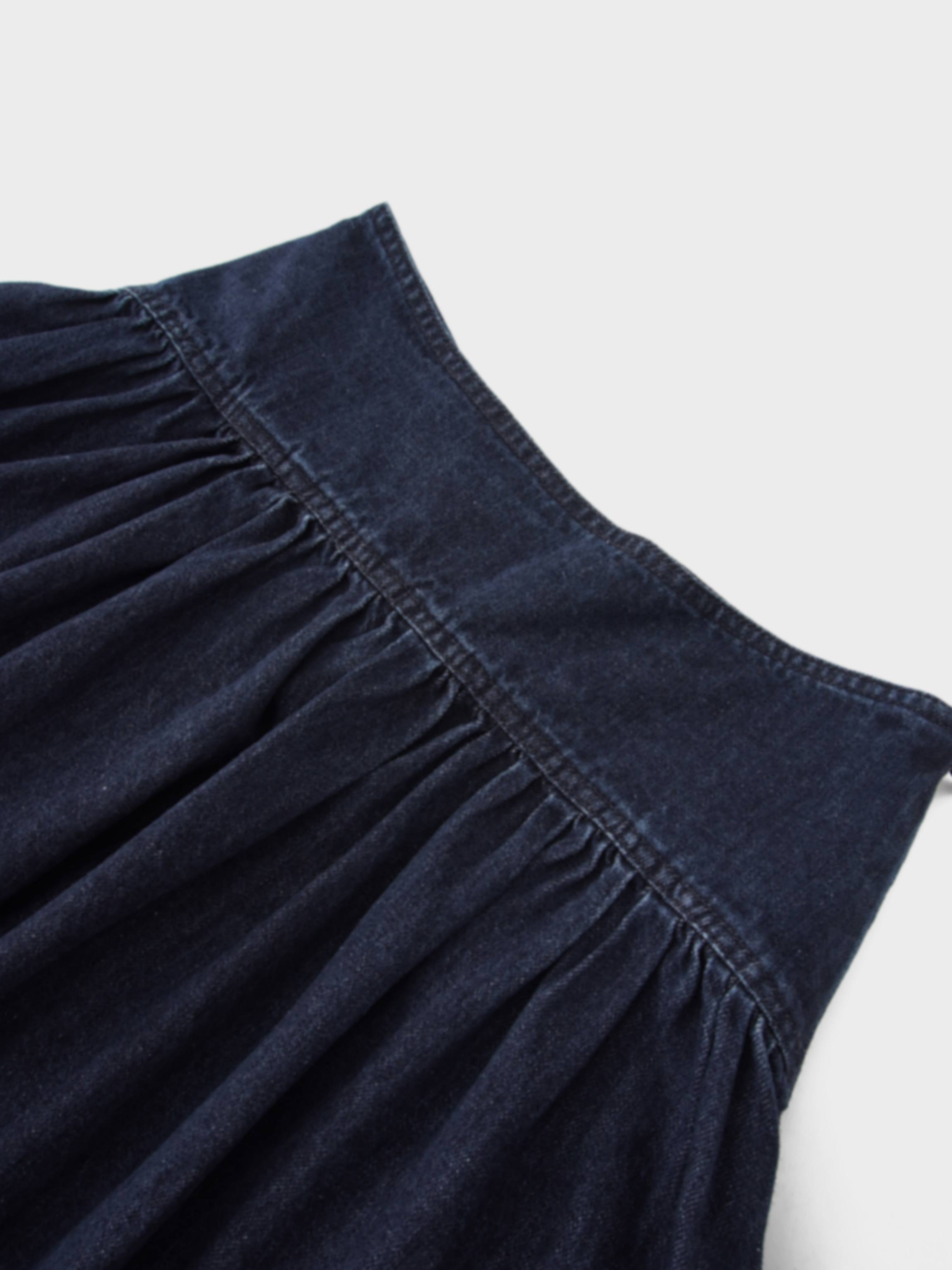 Washed Curved Yoke Denim Skirt-Dark Blue