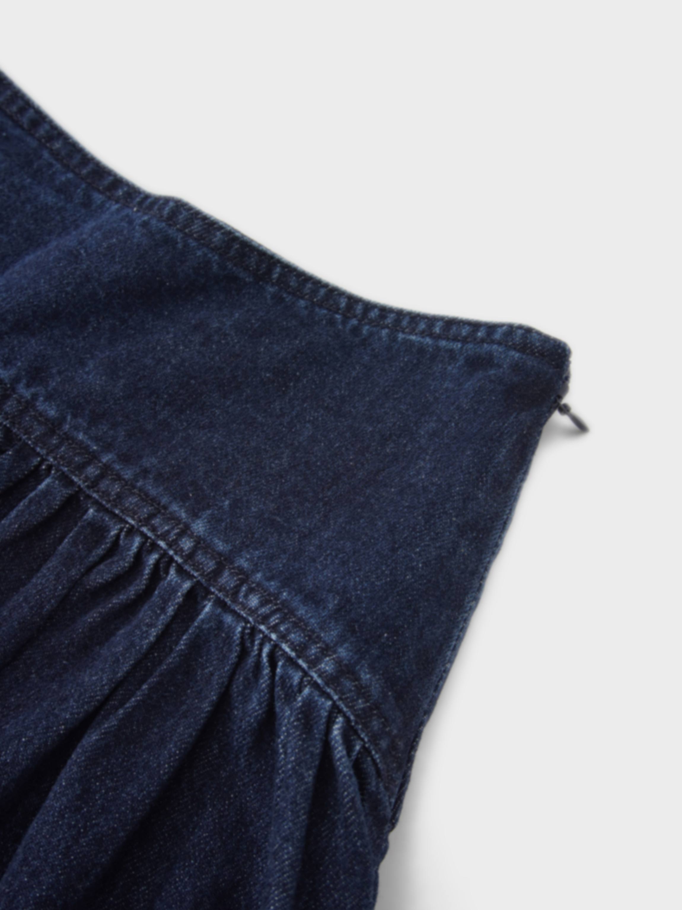 Washed Curved Yoke Denim Skirt-Dark Blue