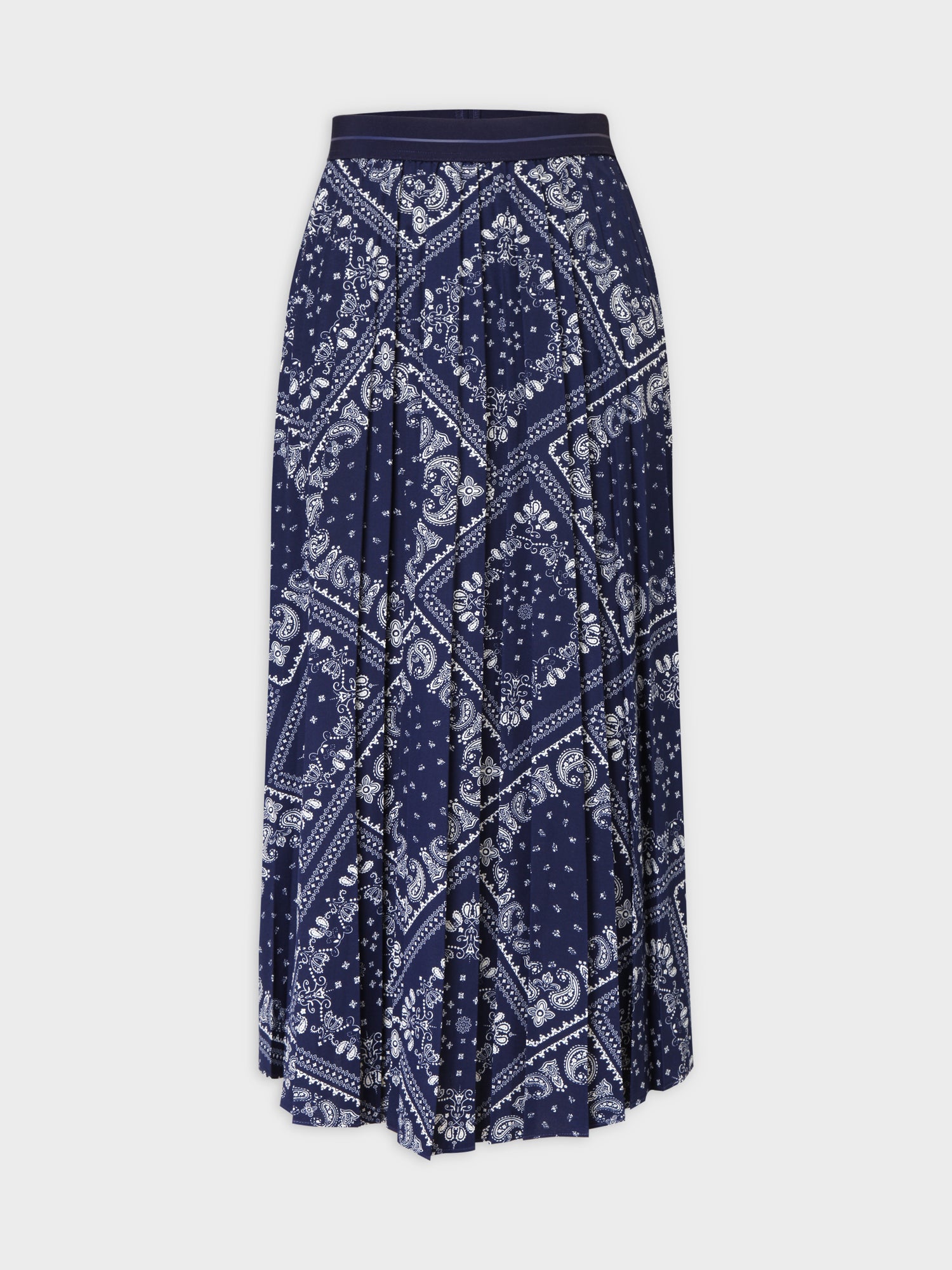 Printed Pleated Skirt 37&quot;-Cream/Navy Paisley