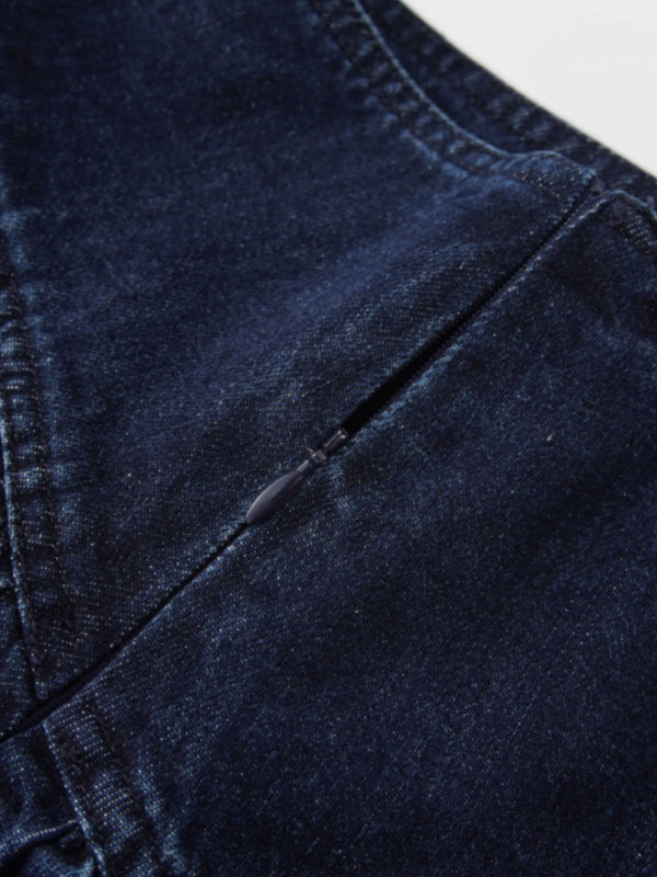 Washed Curved Yoke Denim Skirt-Dark Blue