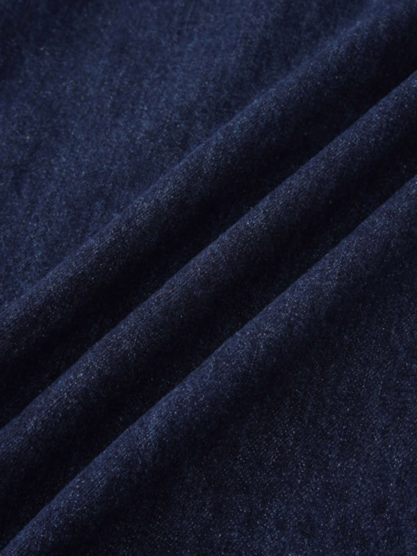 Washed Curved Yoke Denim Skirt-Dark Blue