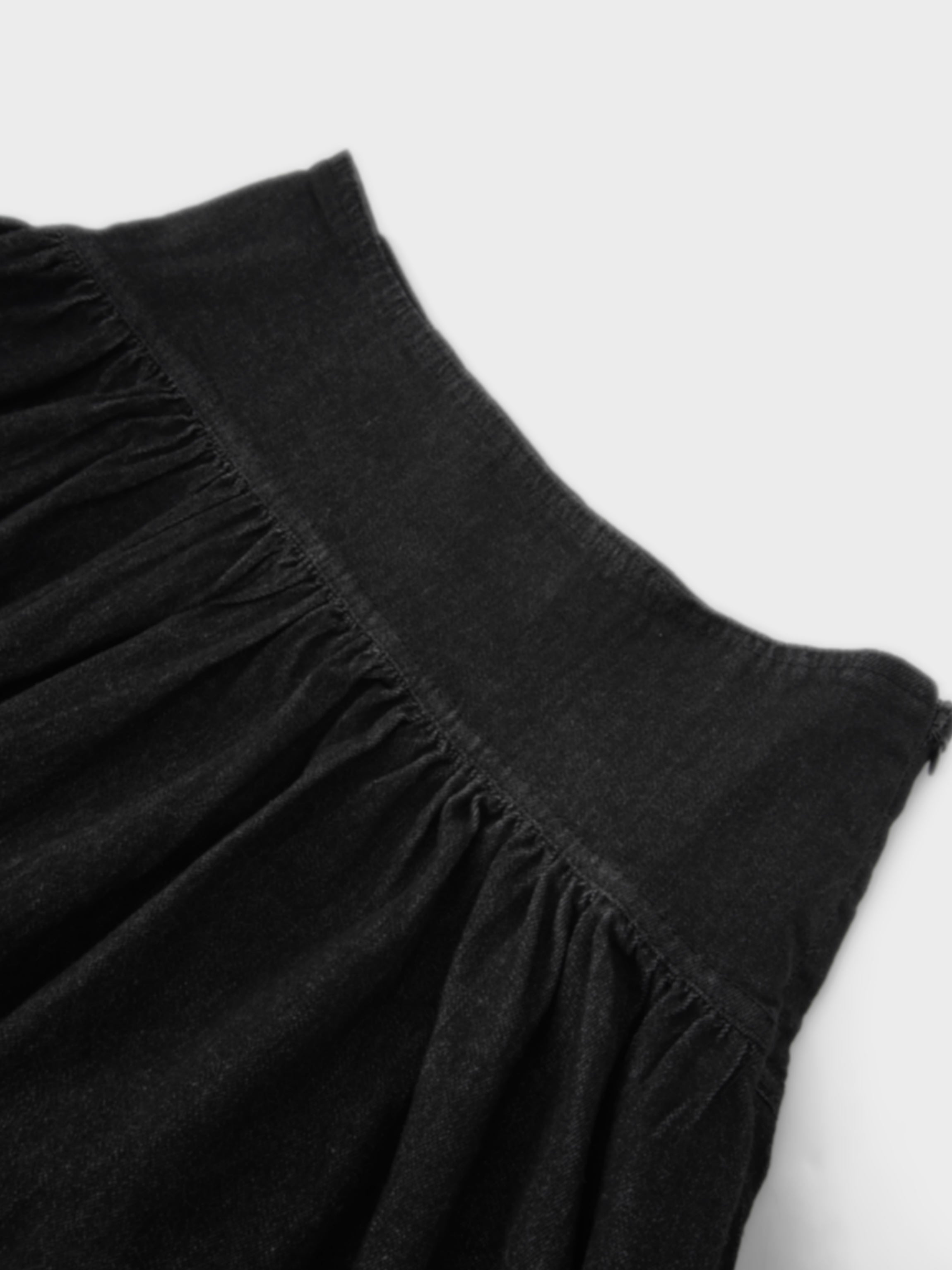 Washed Curved Yoke Denim Skirt-Black