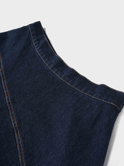 Curved Stitch Design Denim Skirt-Dark Blue