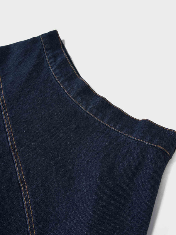 Curved Stitch Design Denim Skirt-Dark Blue