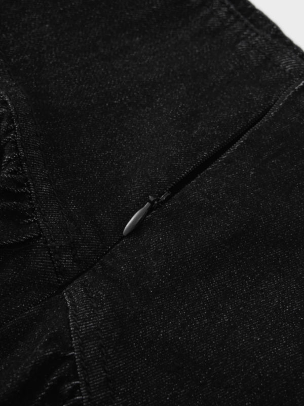 Washed Curved Yoke Denim Skirt-Black