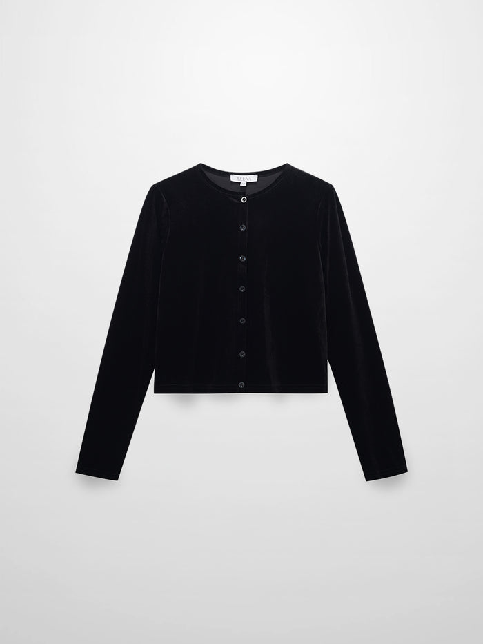 Velour Button Down Crew Cardigan-Black