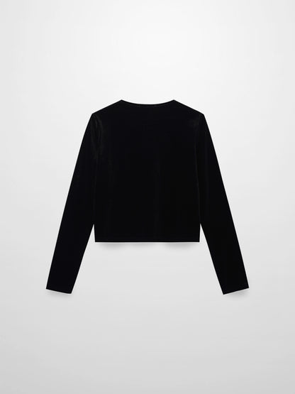 Velour Button Down Crew Cardigan-Black