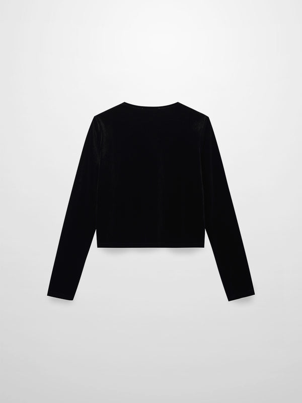 Velour Button Down Crew Cardigan-Black
