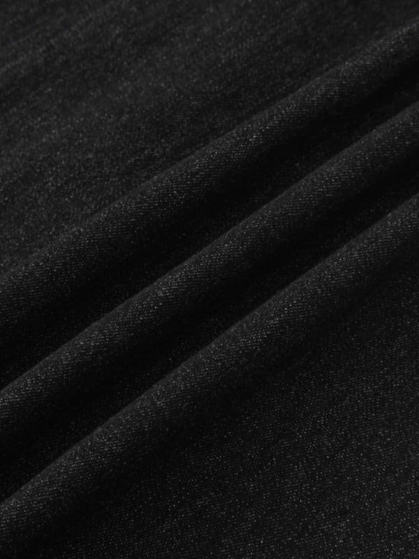 Washed Curved Yoke Denim Skirt-Black