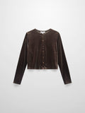 Velour Button Down Crew Cardigan-Brown