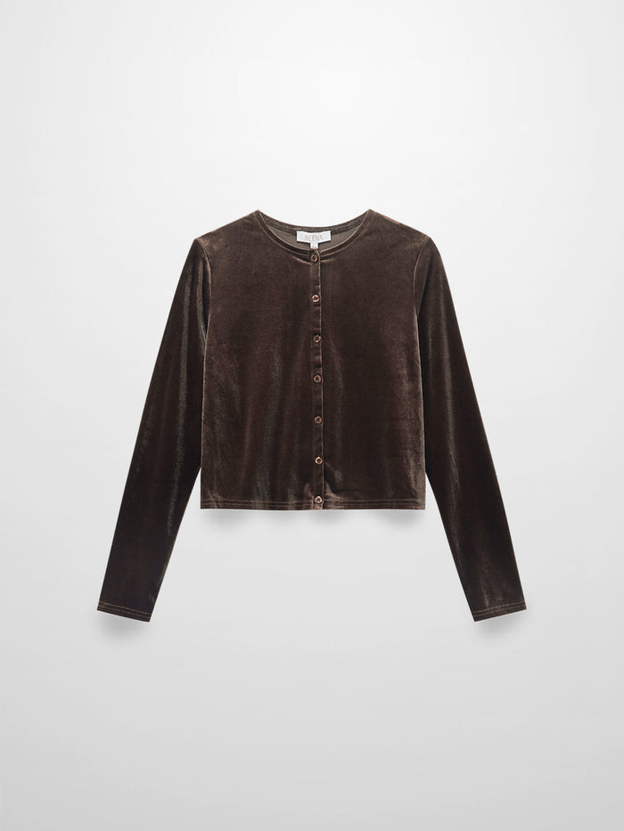 Velour Button Down Crew Cardigan-Brown
