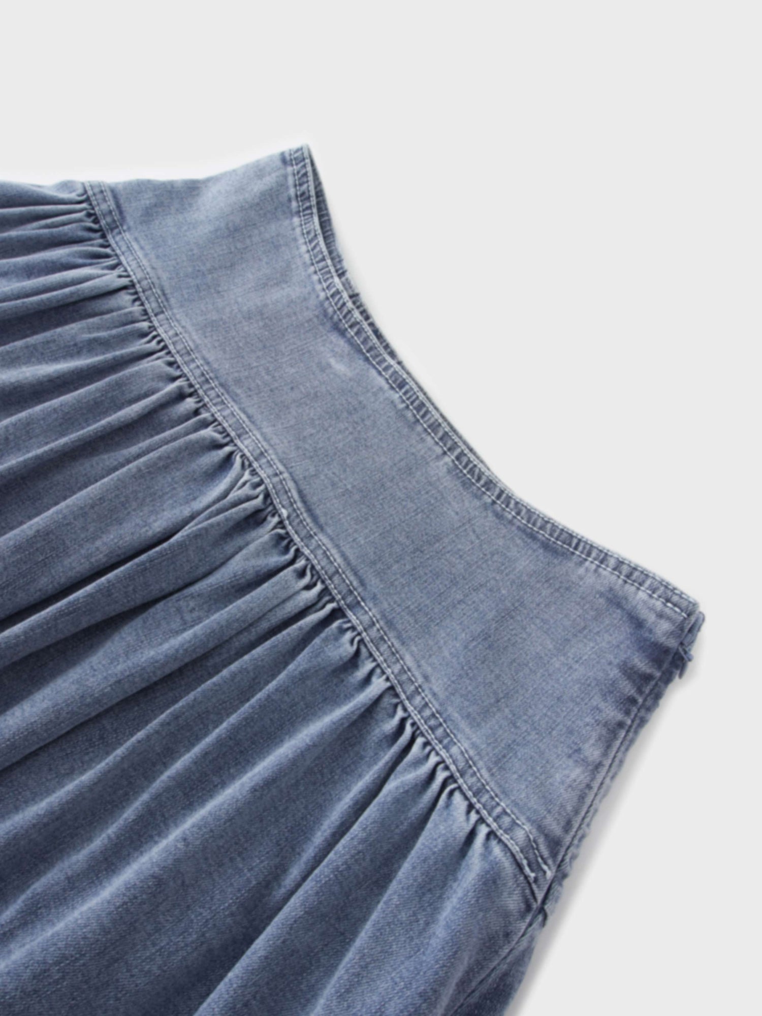 Washed Curved Yoke Denim Skirt-Light Blue