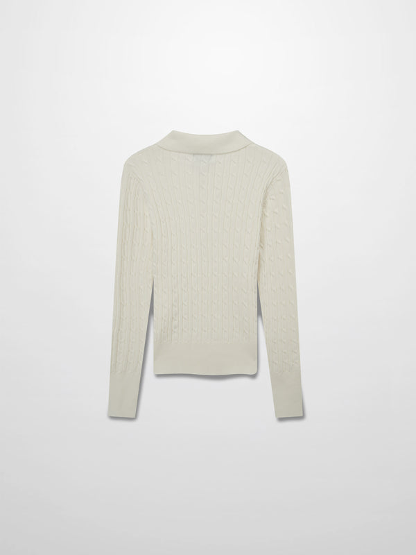 Leather Pull Half Zip Cable Polo-Ivory