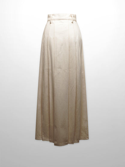 Stitched Pleated Denim Skirt-Cream