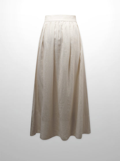 Gathered Waist Linen Skirt-Ecru