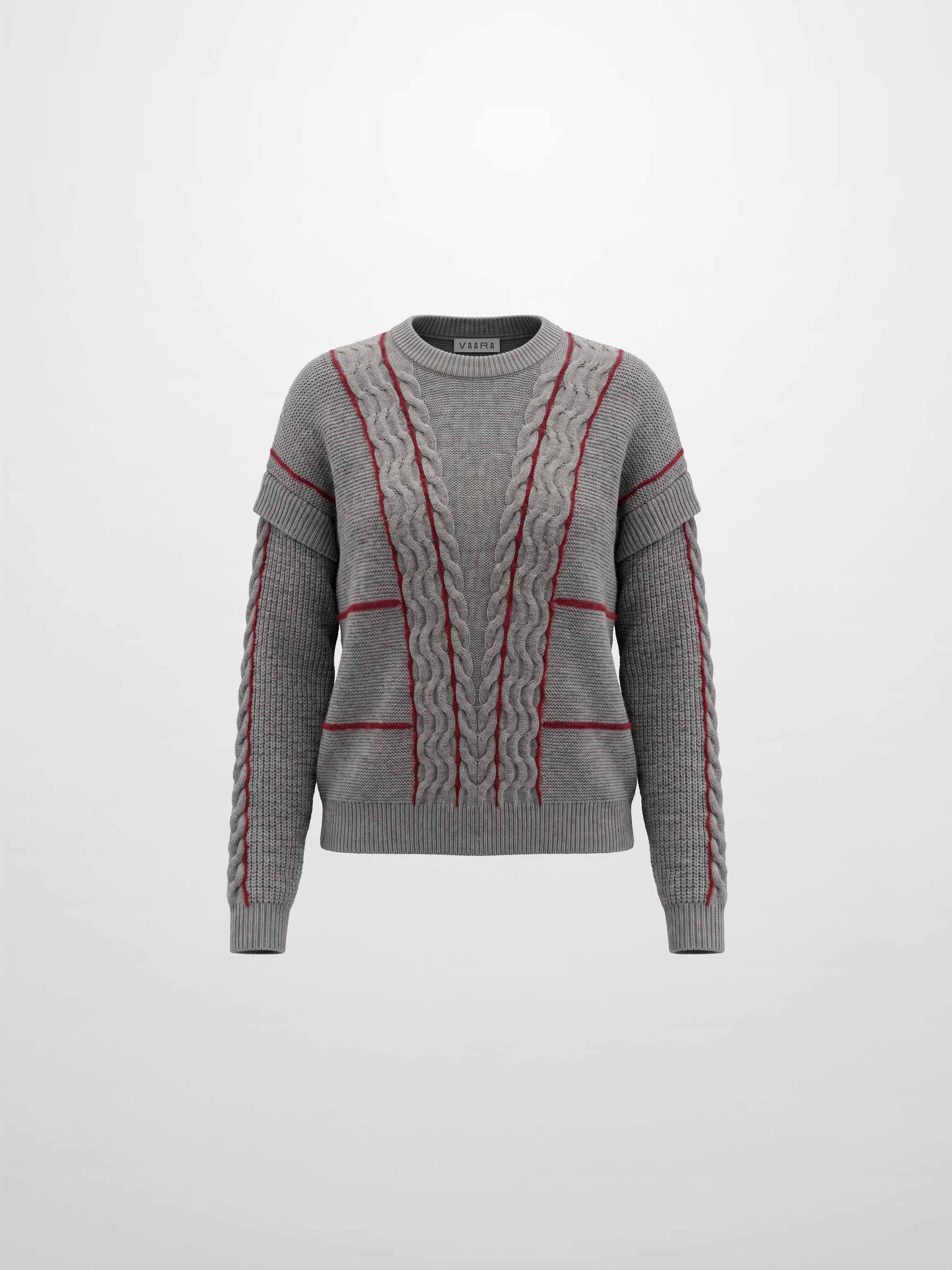 Mix Cable Striped Sweater - Grey/Burgundy