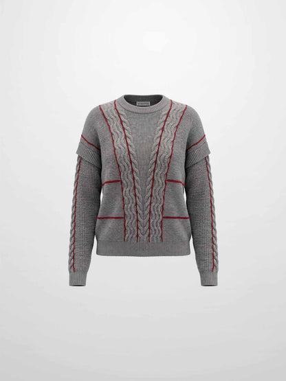 Mix Cable Striped Sweater - Grey/Burgundy
