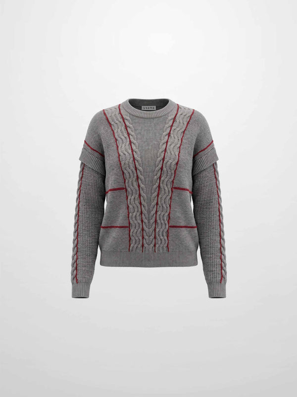 Mix Cable Striped Sweater - Grey/Burgundy