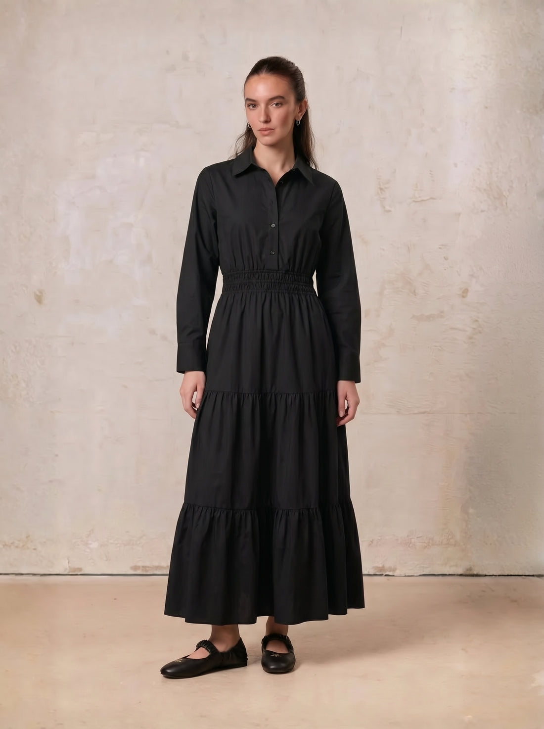 Elastic Waist Tiered Shirtdress-Black
