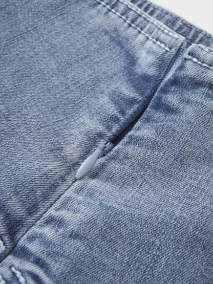 Washed Curved Yoke Denim Skirt-Light Blue