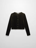 Velour Button Down Crew Cardigan-Green