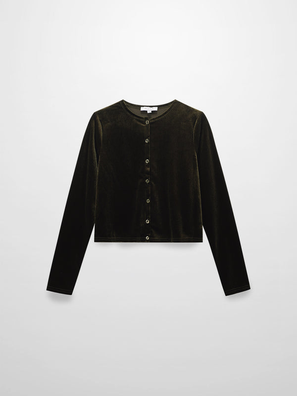 Velour Button Down Crew Cardigan-Green