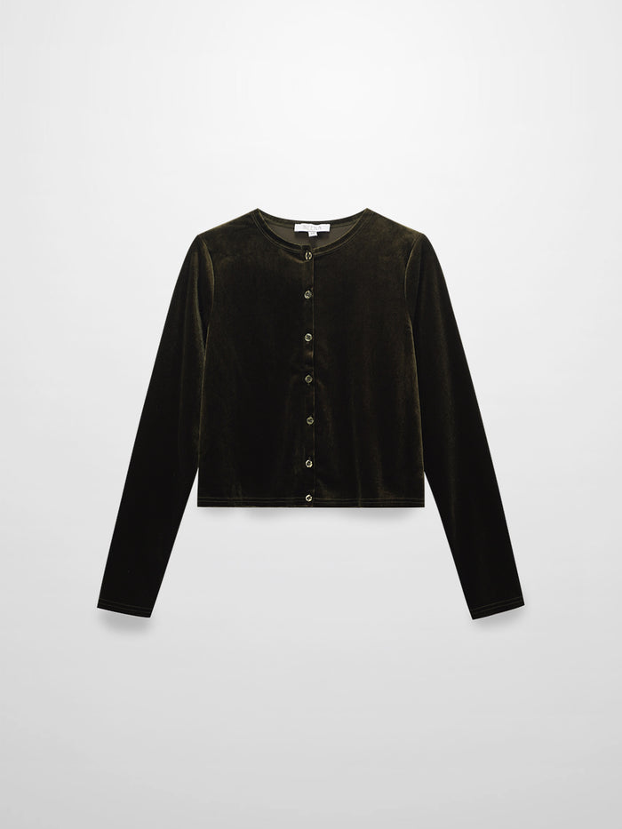 Velour Button Down Crew Cardigan-Green