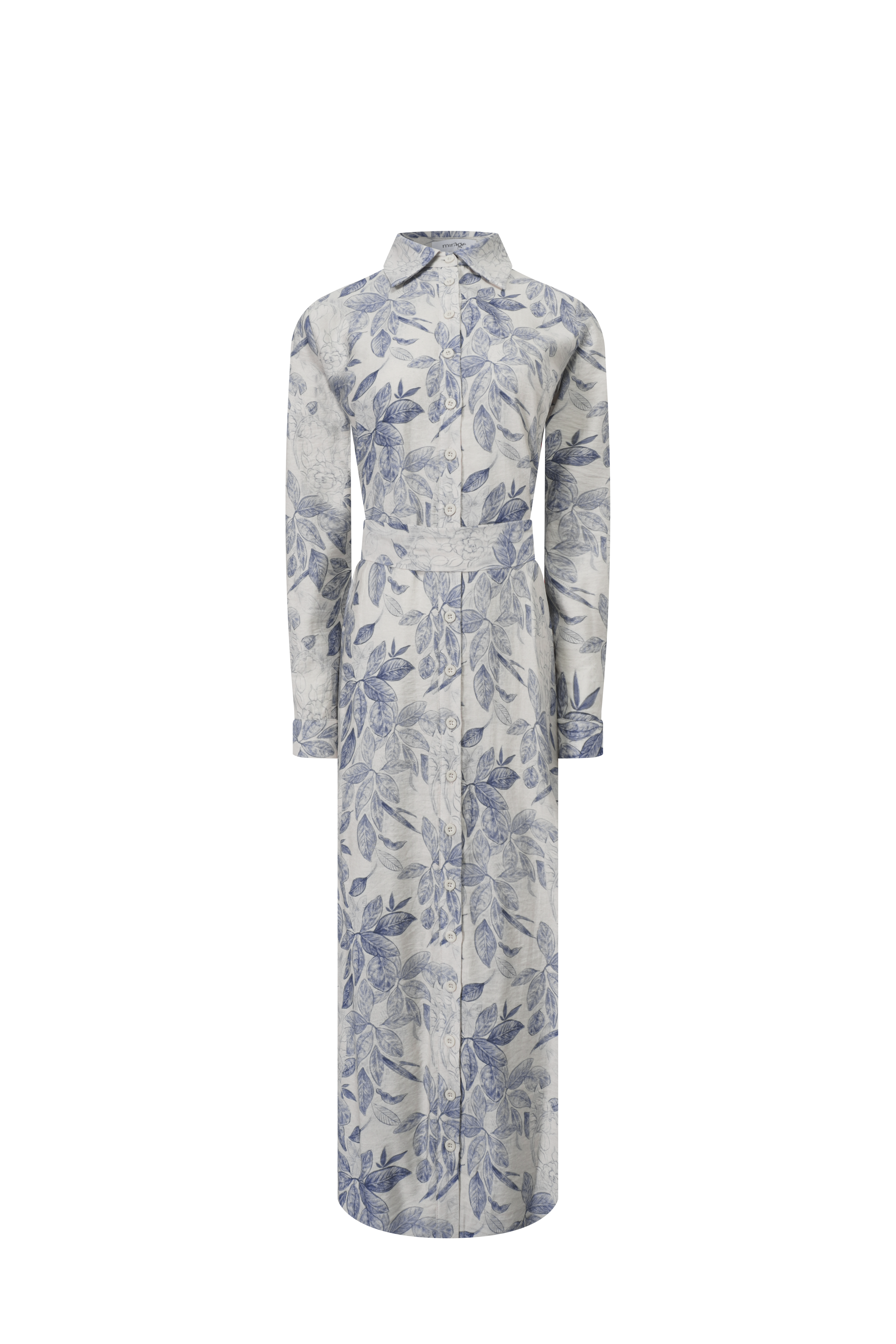 Long Button Down Shirtdress-Blue Leaves