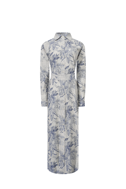 Long Button Down Shirtdress-Blue Leaves