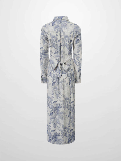 Long Button Down Shirtdress-Blue Leaves