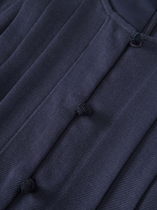 Pleat Top Silk/Linen Blend Dress-Navy