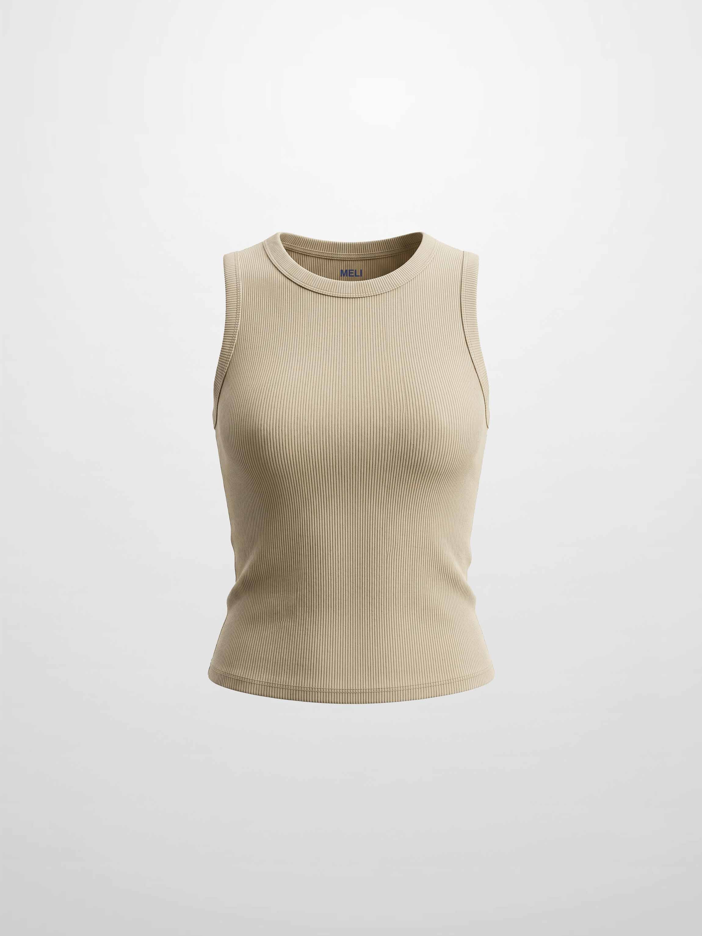 RIBBED CREW SLEEVELESS SHELL-TAN