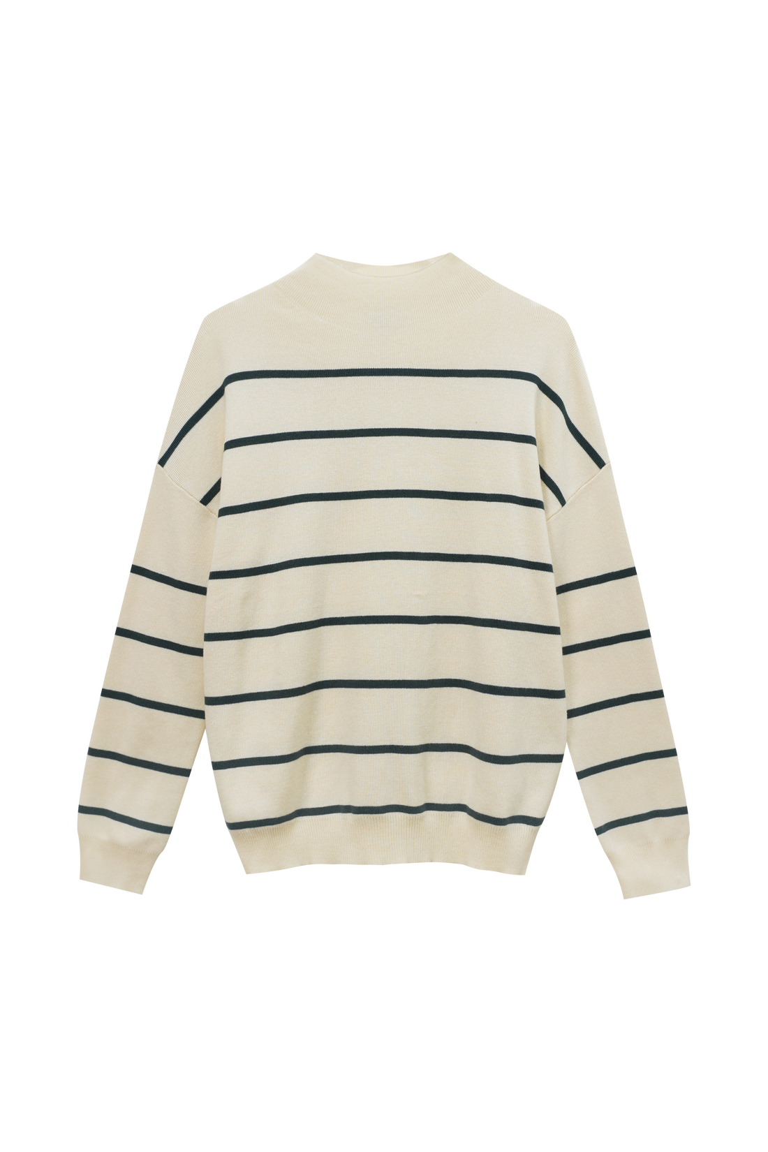 Mock Neck Thin Knit Sweater-Cream/Green