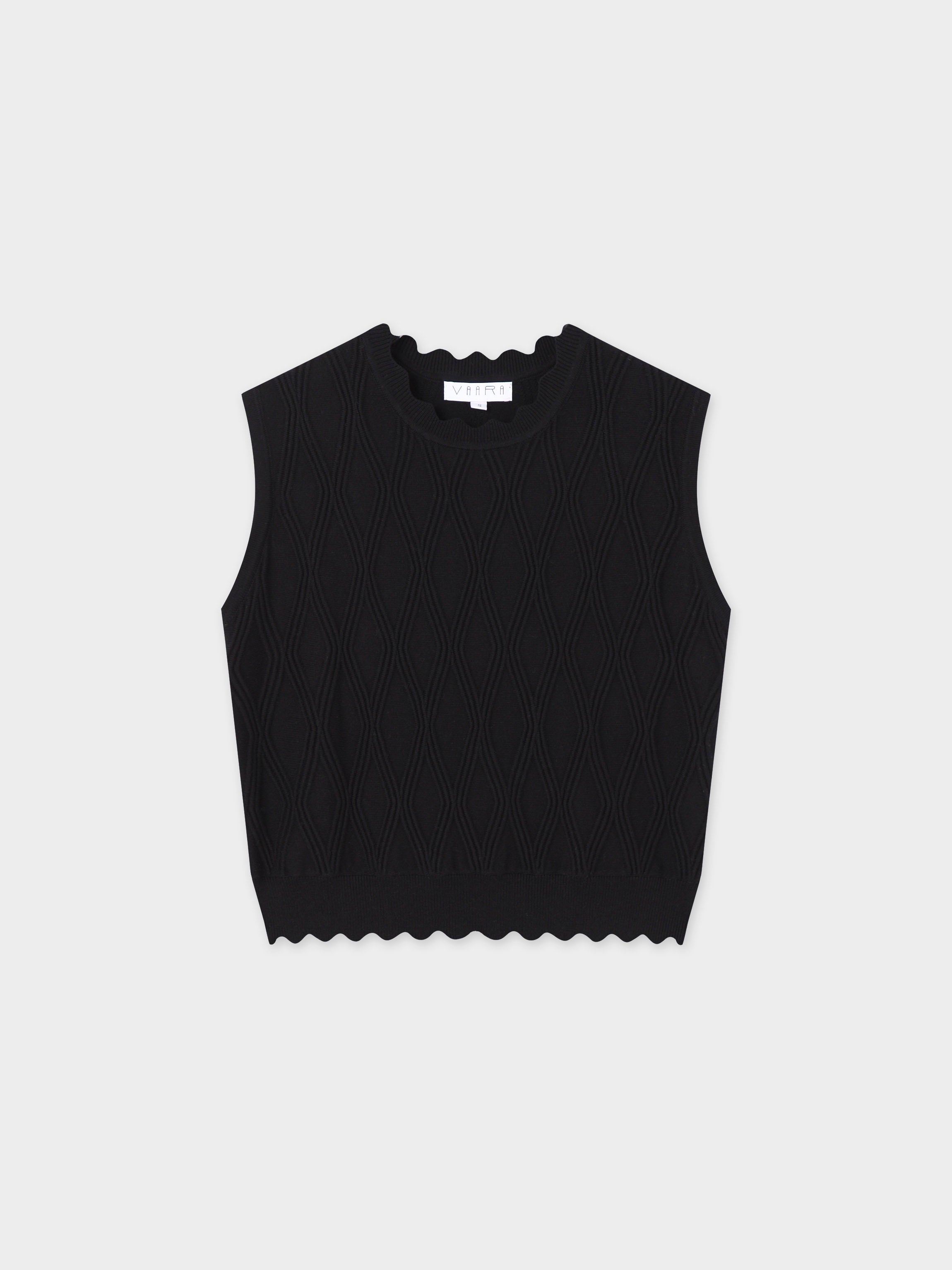 Scalloped Sleeveless Crew Neck Sweater-Black