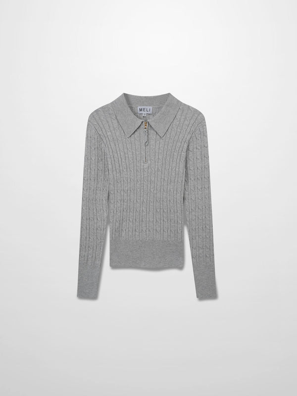 Leather Pull Half Zip Cable Polo-Heathered Grey