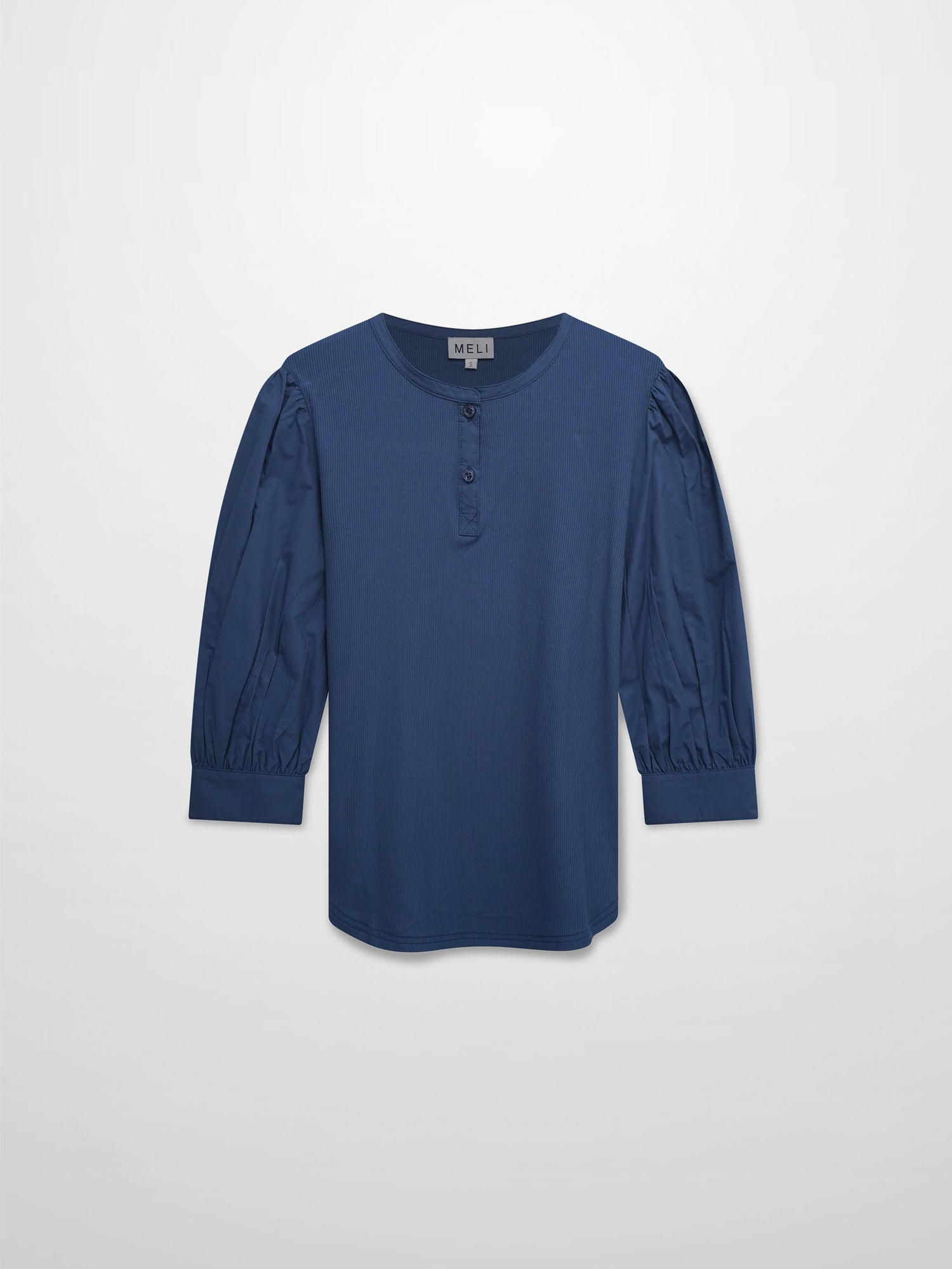 Puff Sleeve Ribbed T-Shirt-Dark Blue