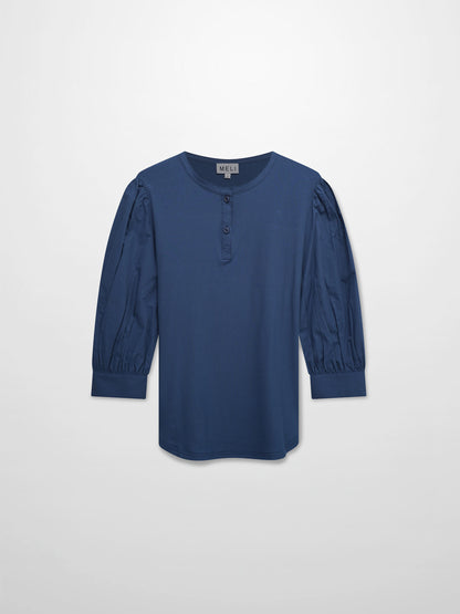 Puff Sleeve Ribbed T-Shirt-Dark Blue