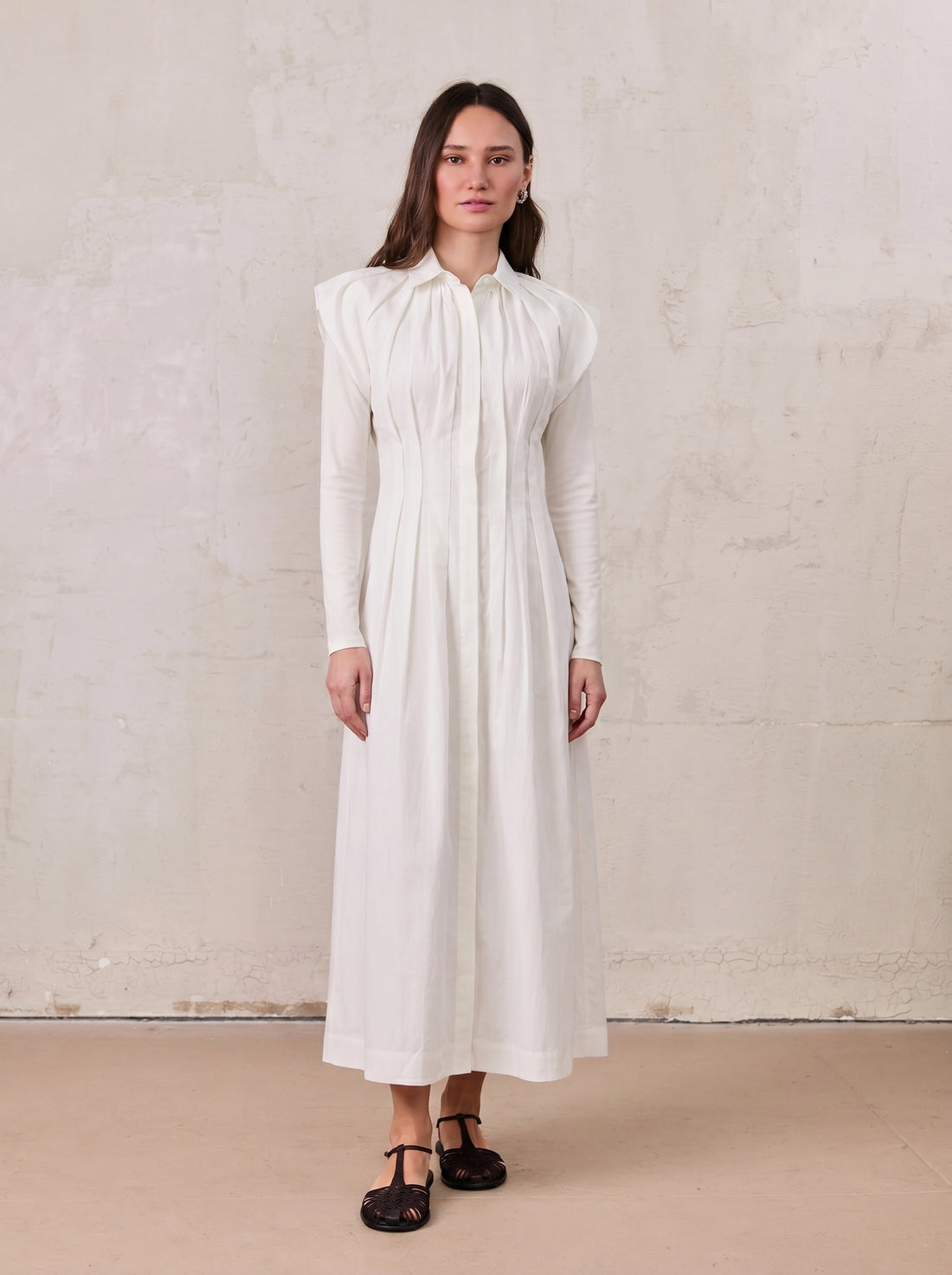 Pleat Front Button Down Dress-White