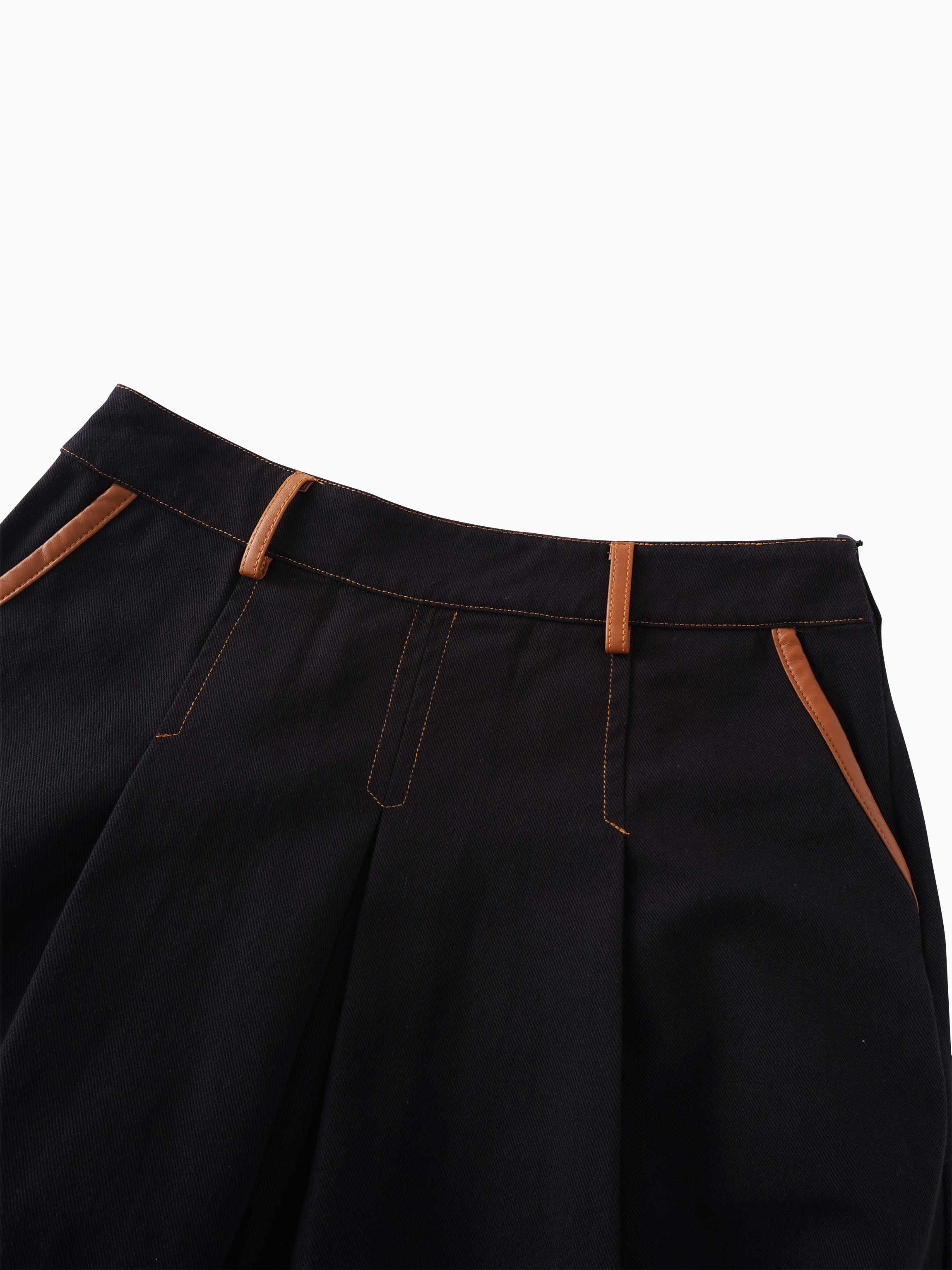 Leather Trim Denim Skirt-Black