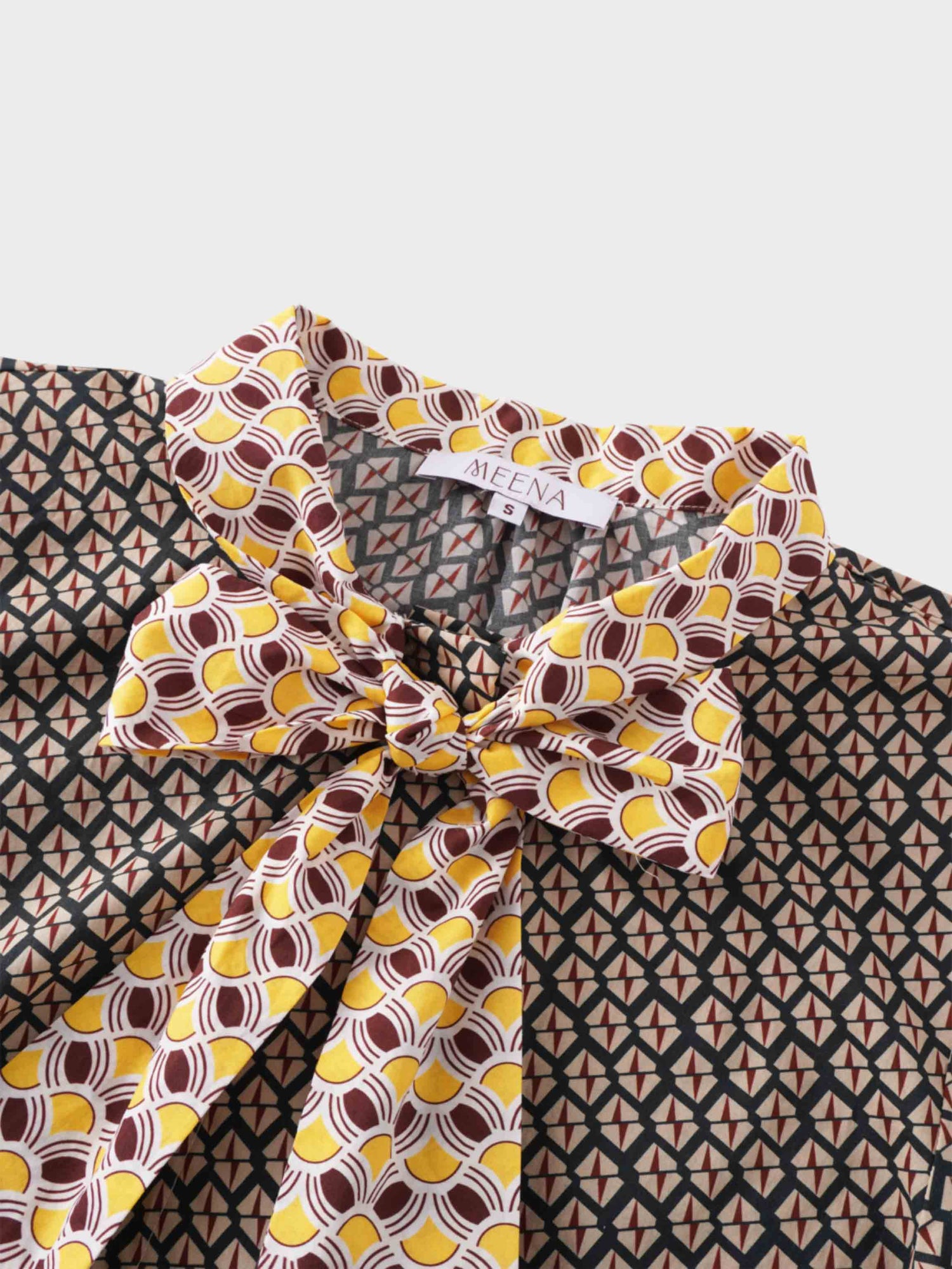 Cotton Bow Blouse-Two Tone Geometric