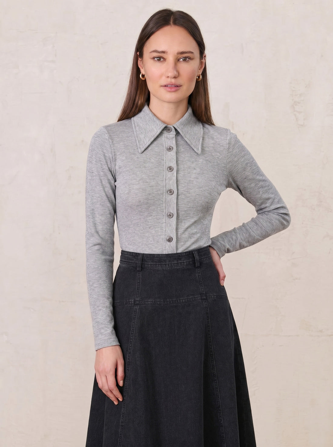 Ribbed Button Down Shirt-Heathered Grey