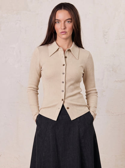 Ribbed Button Down Shirt-Taupe