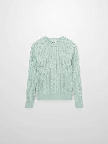 Crew Neck Cable Sweater-Aqua