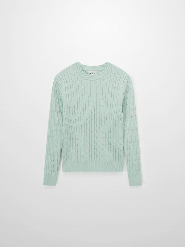 Crew Neck Cable Sweater-Aqua