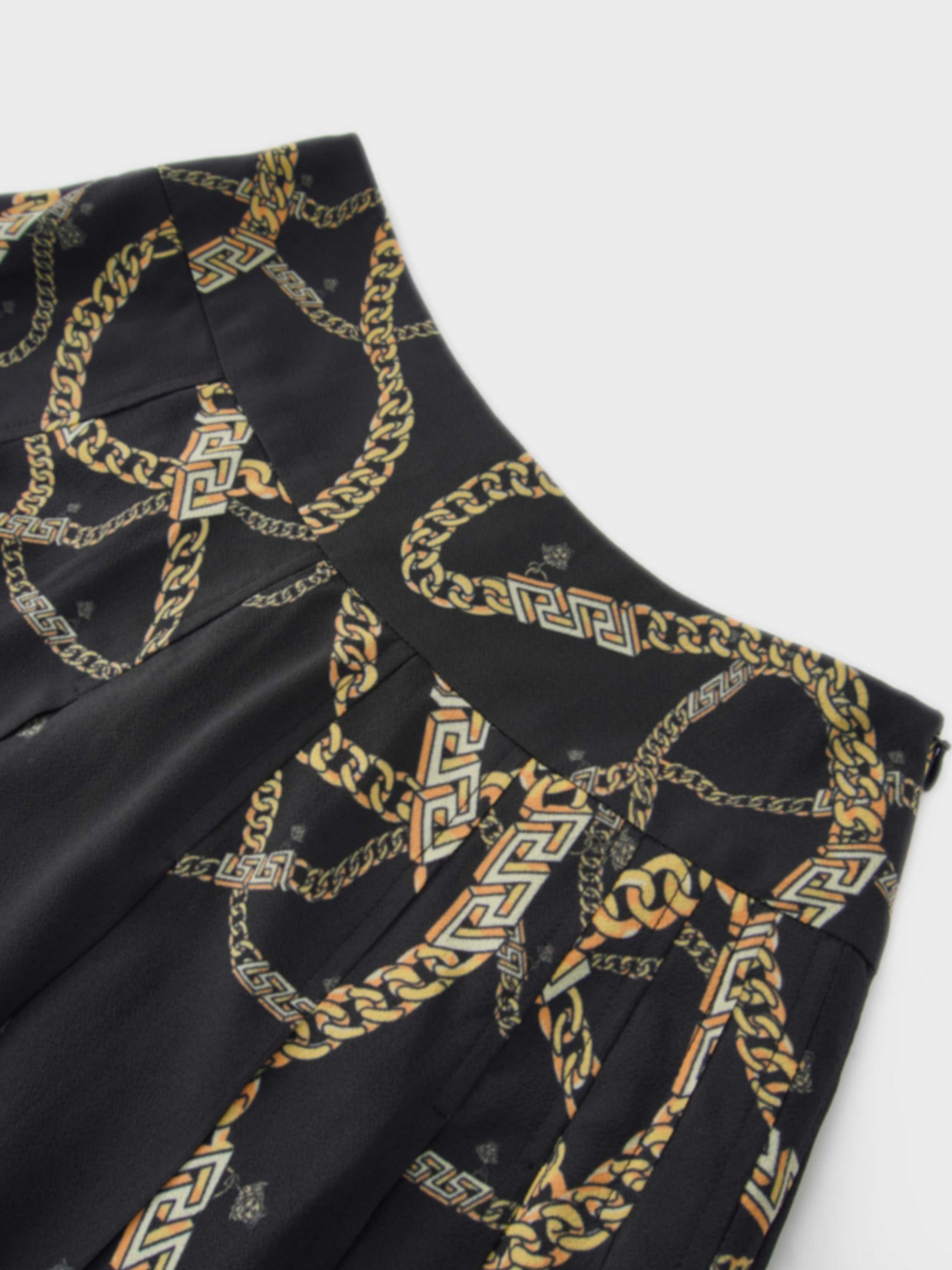 Print Yoke Pleated Skirt-Gold Chains