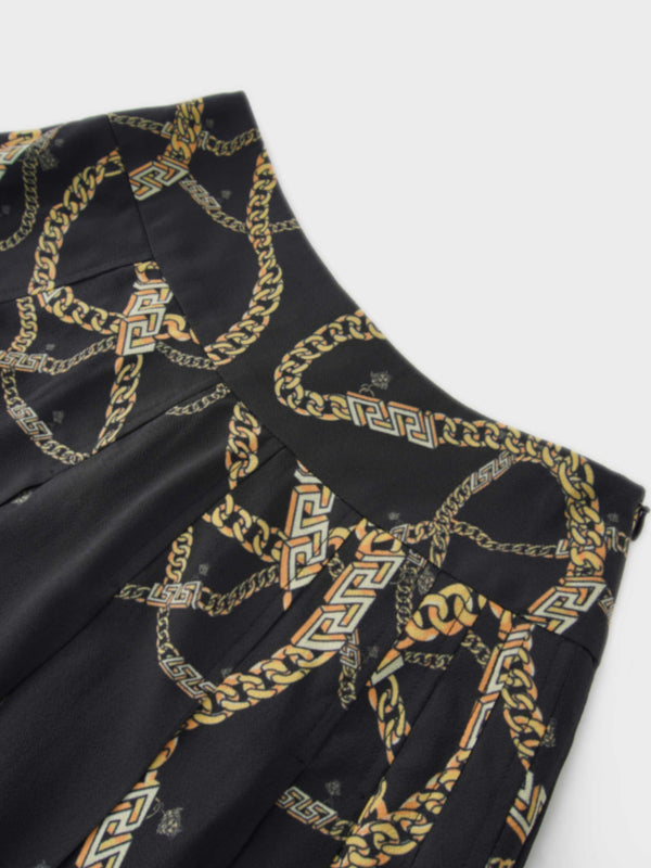 Print Yoke Pleated Skirt-Gold Chains