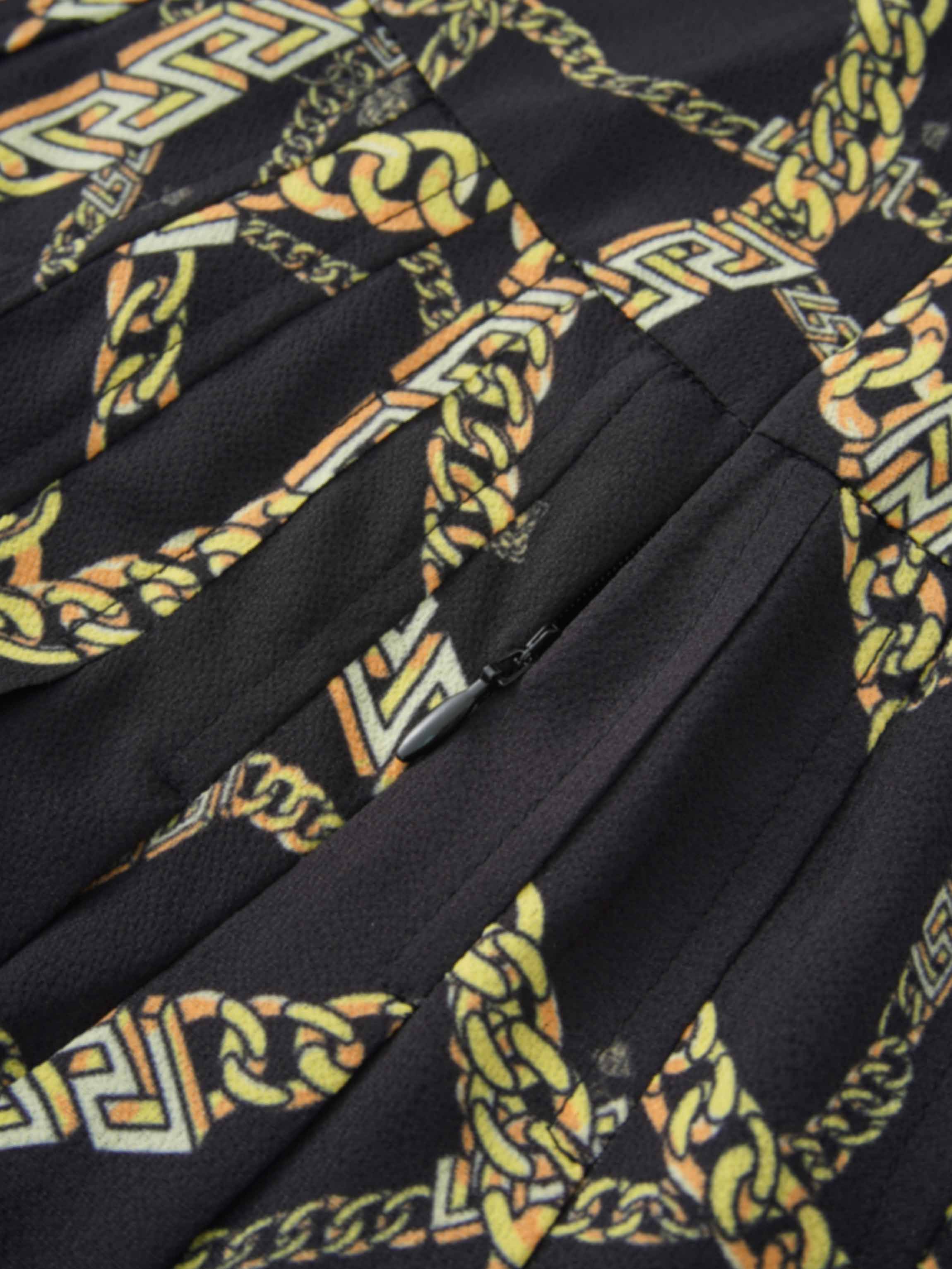 Print Yoke Pleated Skirt-Gold Chains